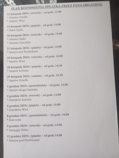 PLAN ROZNOSZENIA OPŁATKA PRZEZ p. ORGANISTĘ.