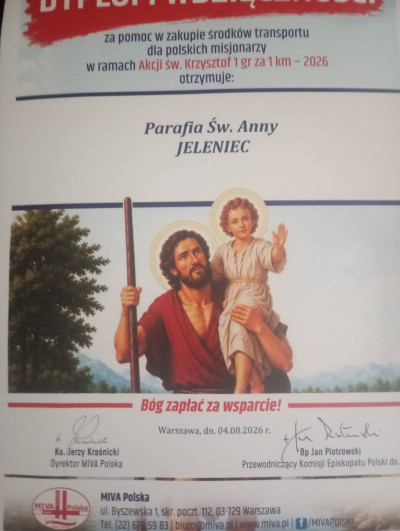 Podziękowanie za ofiary na środki transportu dla misjonarzy.
